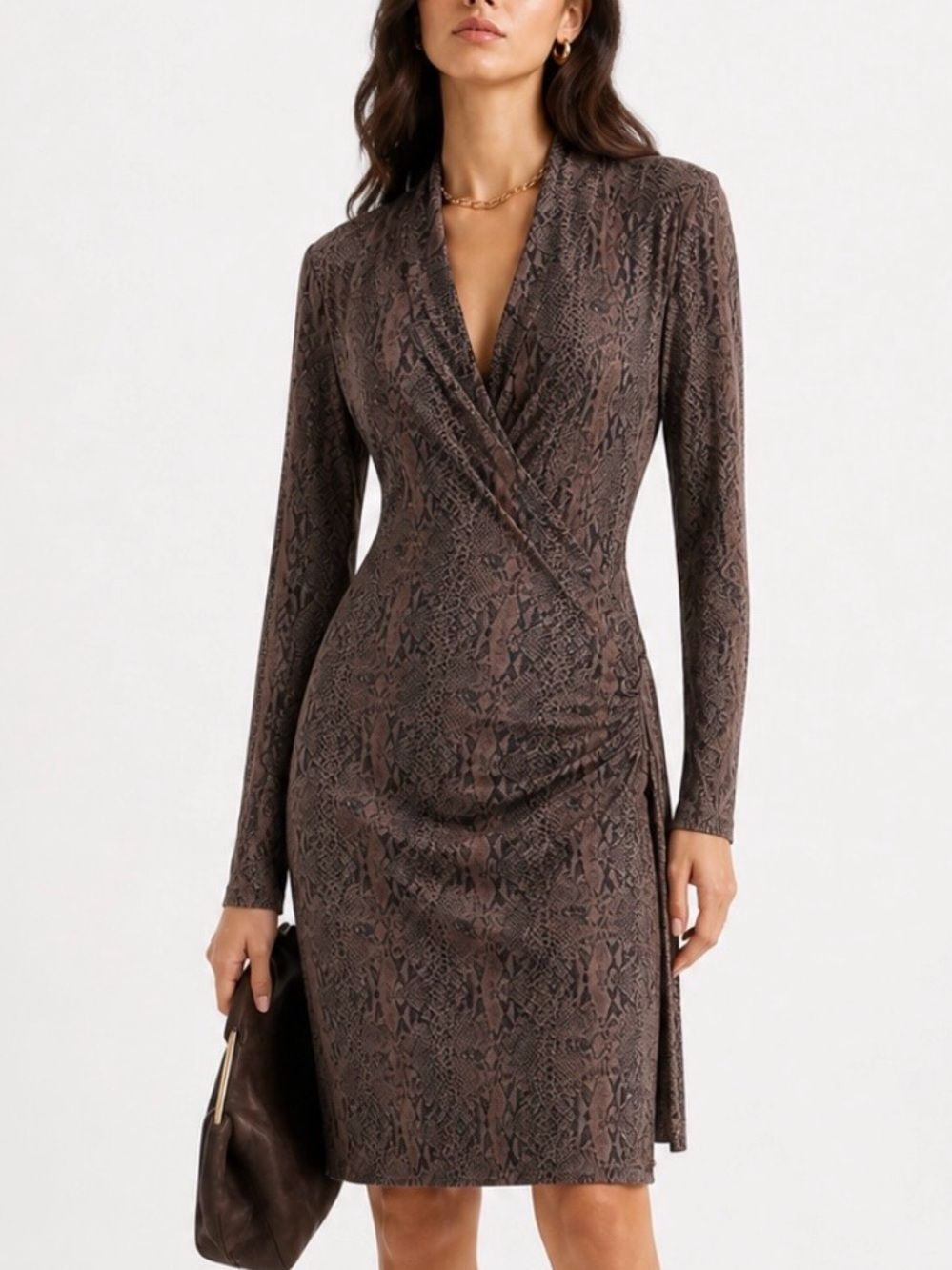 NORMA KAMALI Long Sleeve Snake-Print Dress in Brown Size L